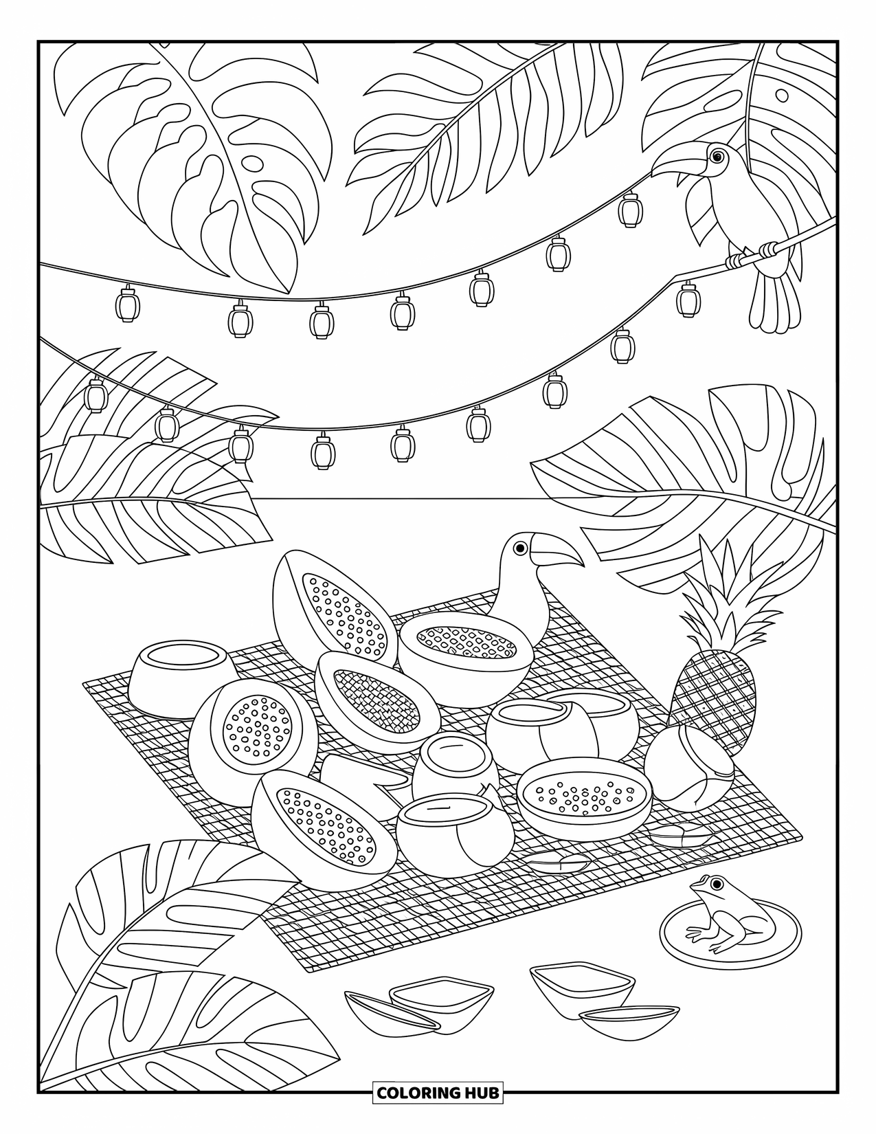 Pura Vida Coloring Page for Adults: A tropical picnic with sliced fruits, a toucan, and glowing lanterns in the jungle