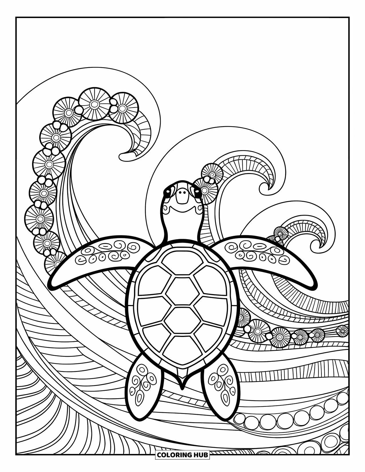Pura Vida Coloring Page for Adults: A turtle with a round shell encircled by floral mandala waves