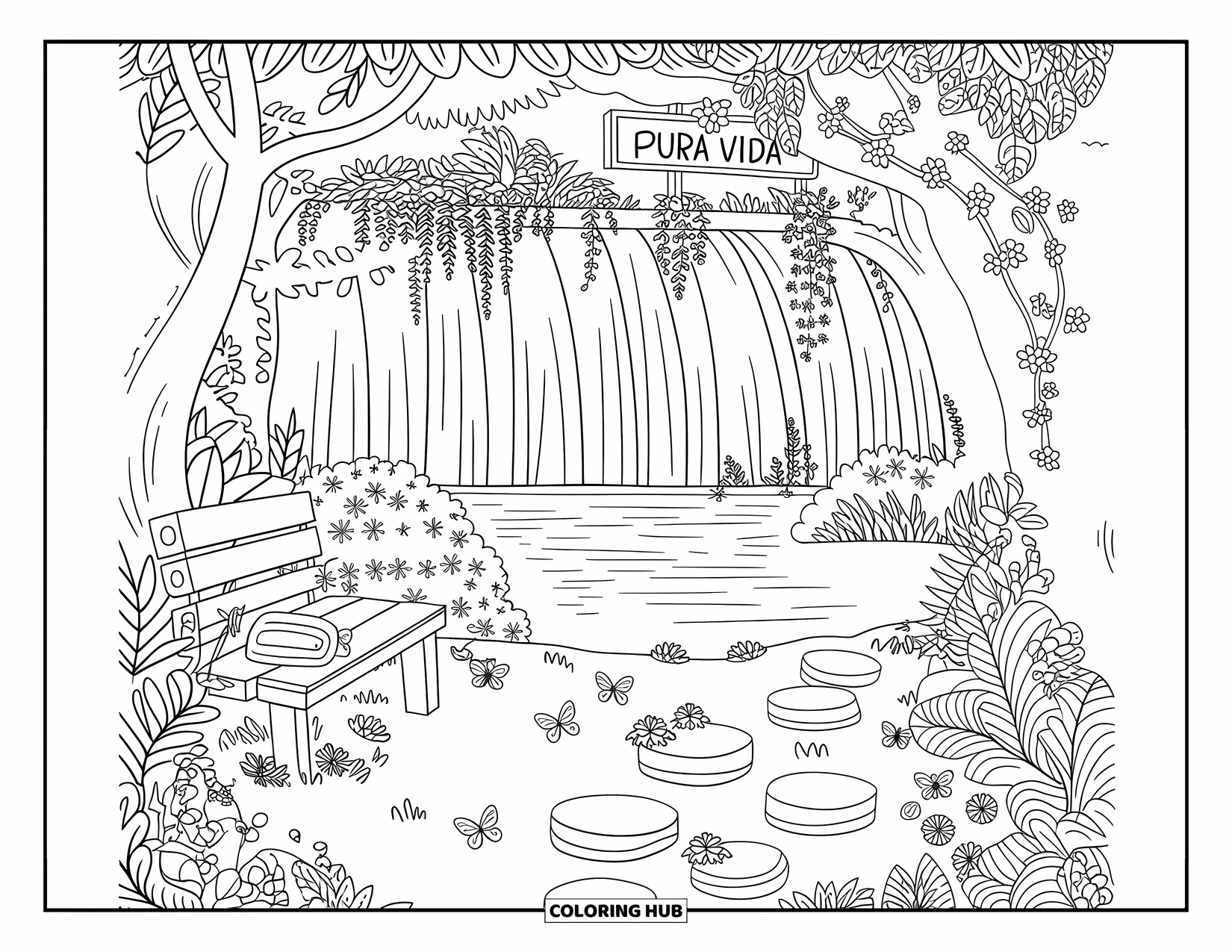 Pura Vida Coloring Page for Adults: A wooden bench overlooks a waterfall with butterflies, vines, and a ìPura Vidaî sign