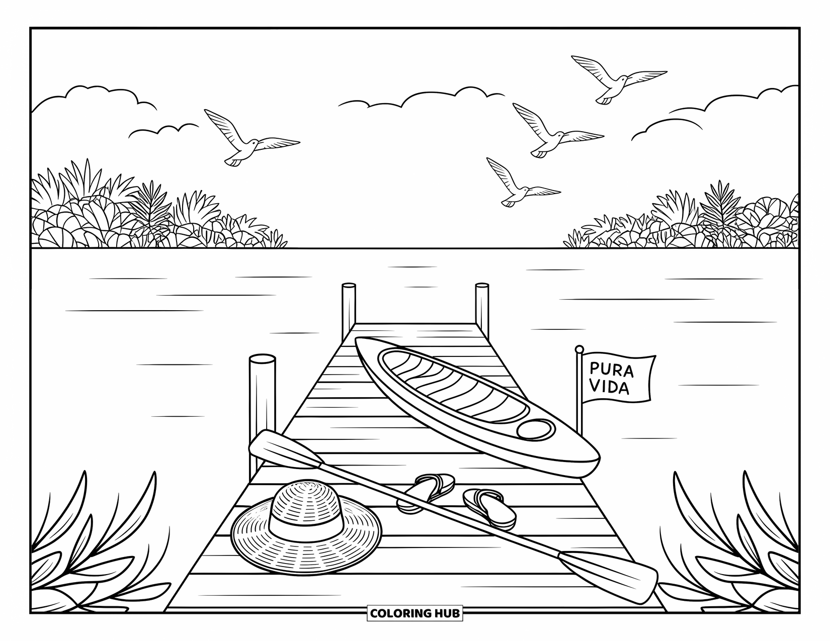 Pura Vida Coloring Page for Adults: Seagulls soar above a dock with kayaks, a straw hat, and scattered shells