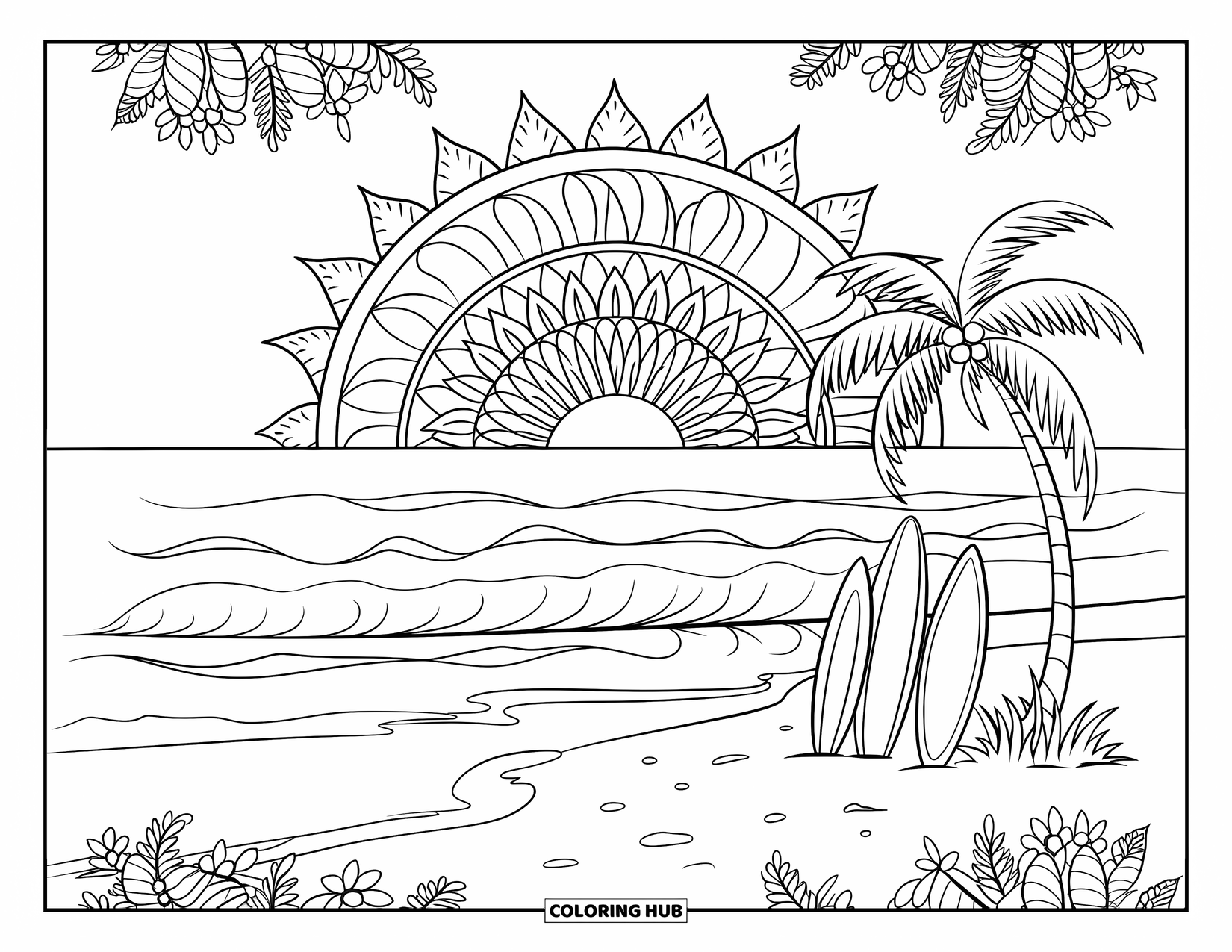 Pura Vida Coloring Page for Adults: Surfboards lean against a palm tree under a floral border and mandala sky