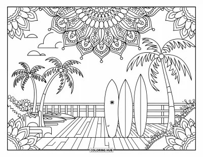 Desen de colorat Pura Vida pentru adulți: Plăci de surf sprijinite lângă o terasă cu palmieri, borduri florale și un cer în stil mandala