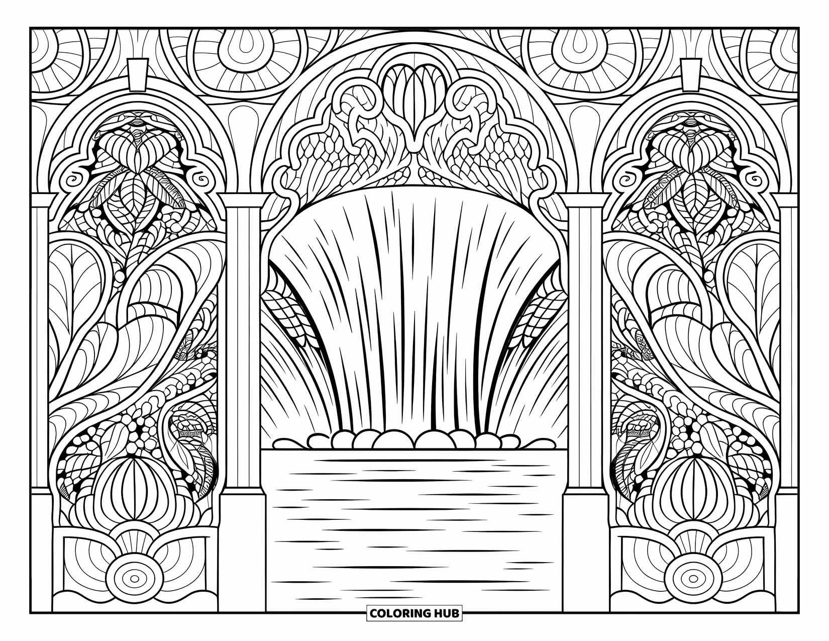 Pura Vida Coloring Page for Adults: Waterfall framed by detailed arches and intricate background patterns