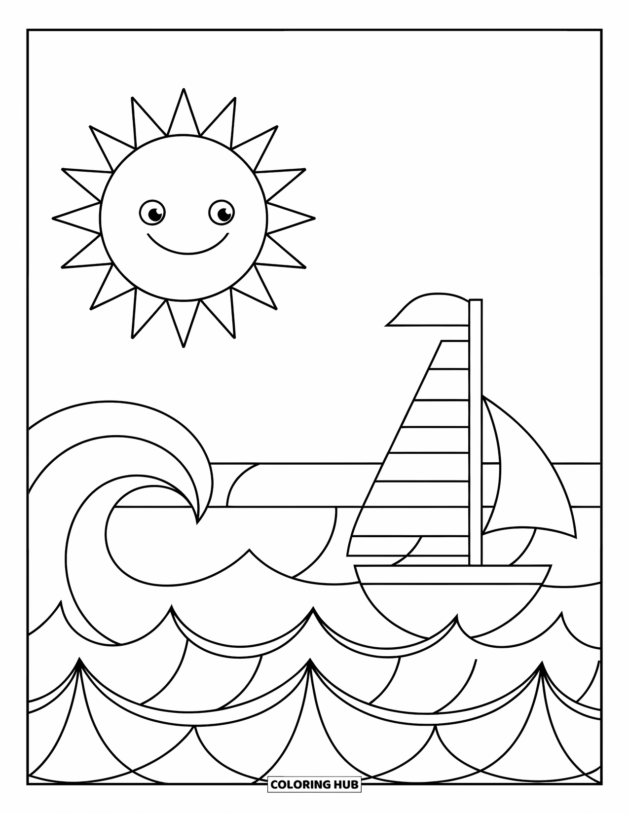 Pura Vida Coloring Page for Kids: Cheerful sun shining on waves and sailboat at sea