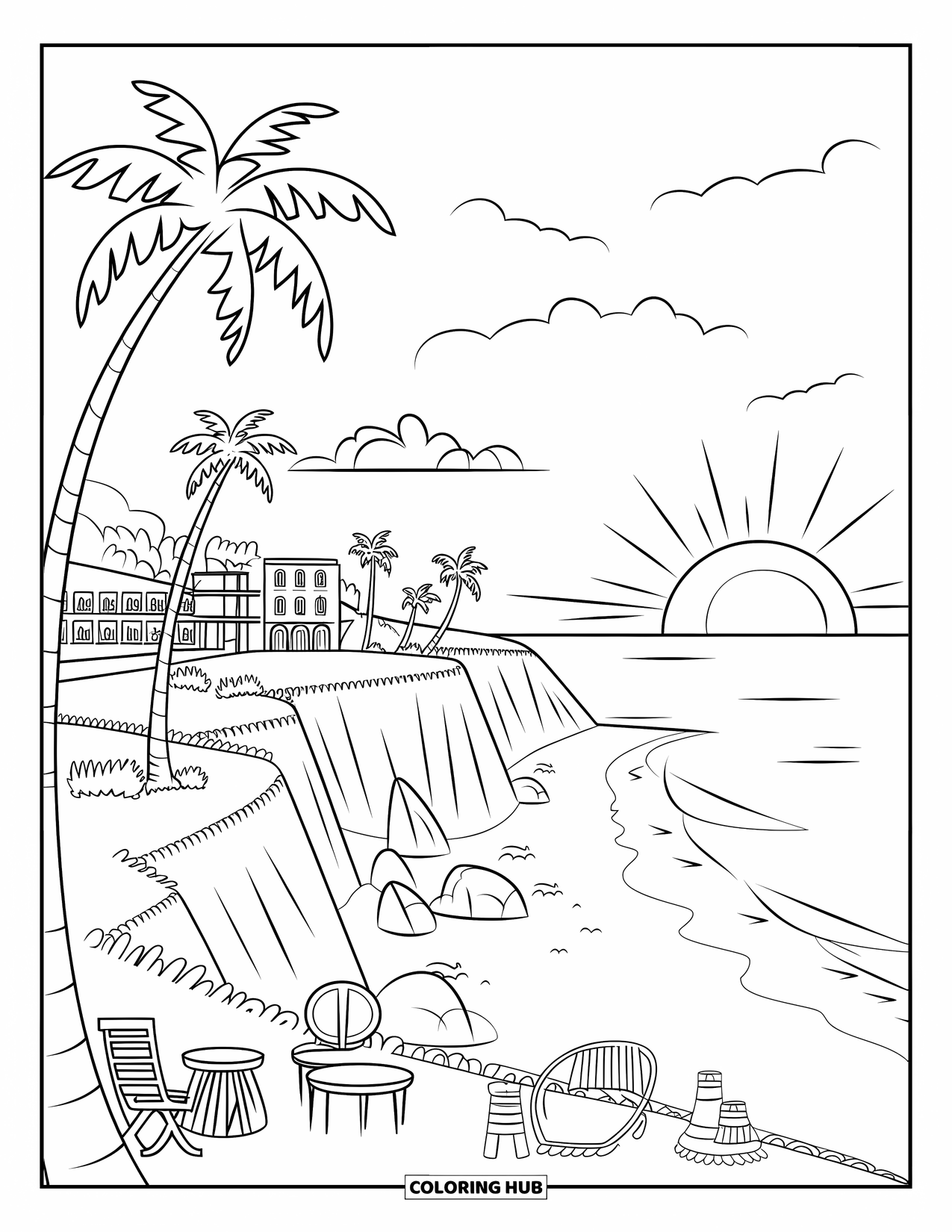 Pura Vida Coloring Page for Kids: Cliffside view of beach sunset with palm trees and chairs