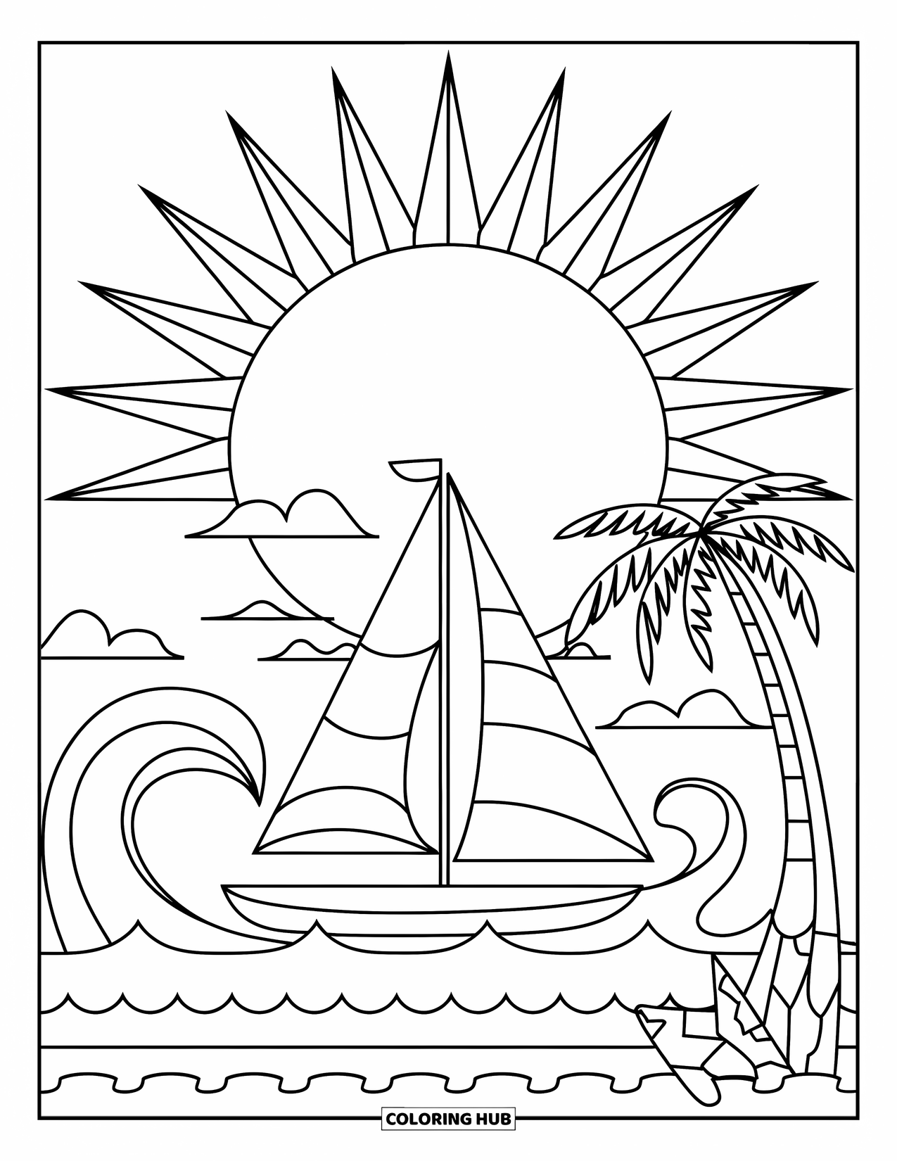 Pura Vida Coloring Page for Kids: Palm trees by the shore with sailboat and smiling sun