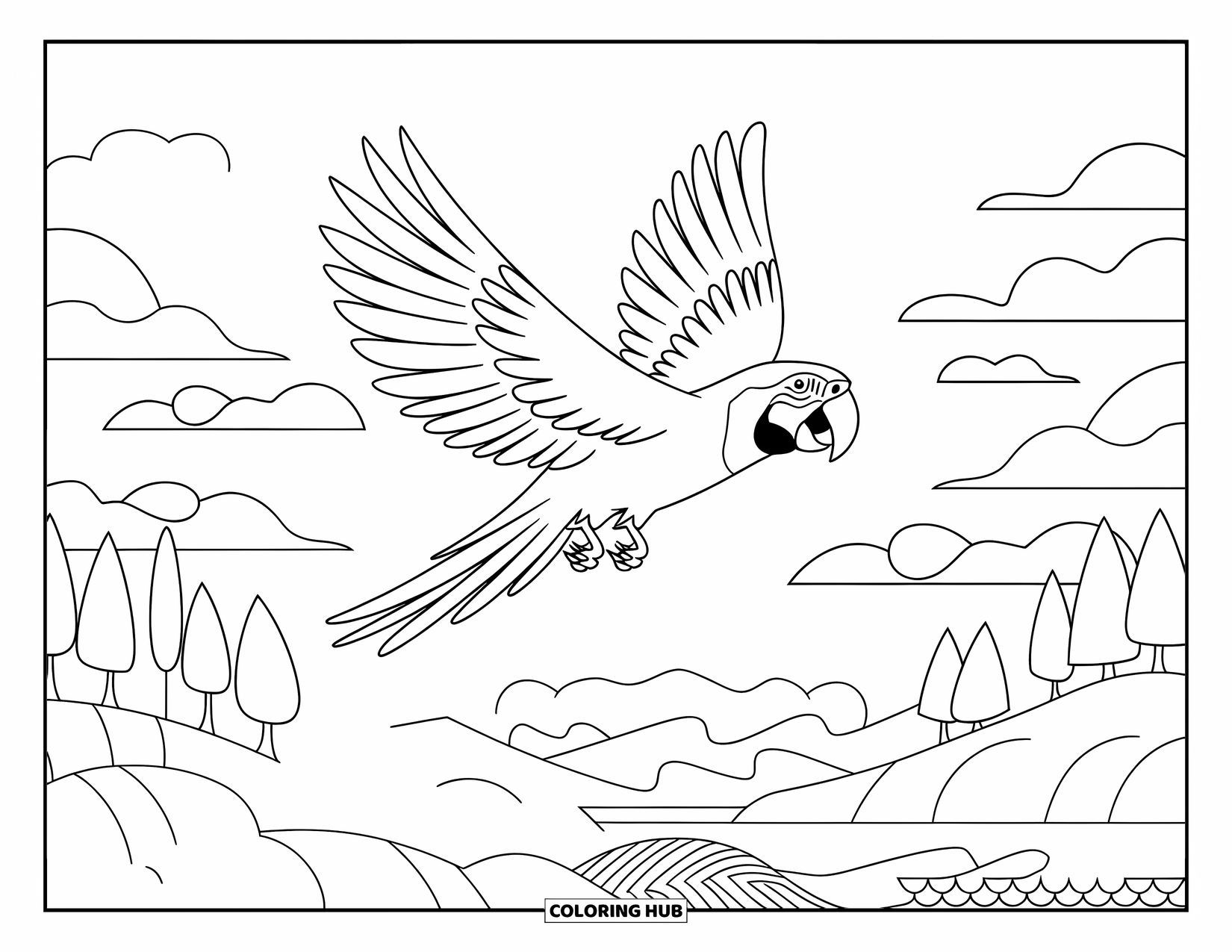 Pura Vida Coloring Page for Kids: Parrot soaring high above rolling hills, clouds, and waves