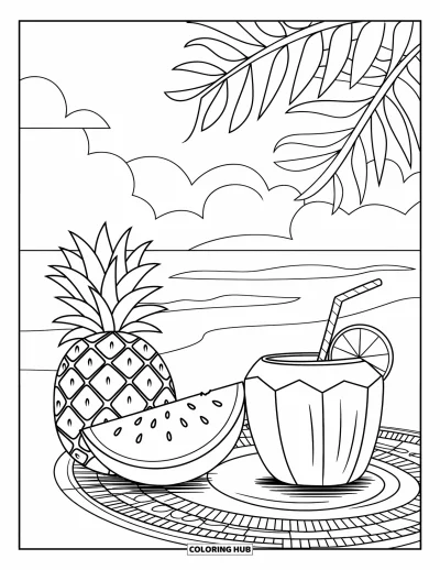 Desen de colorat Pura Vida pentru copii: Picnic cu ananas, pepene verde și băutură de cocos pe plajă