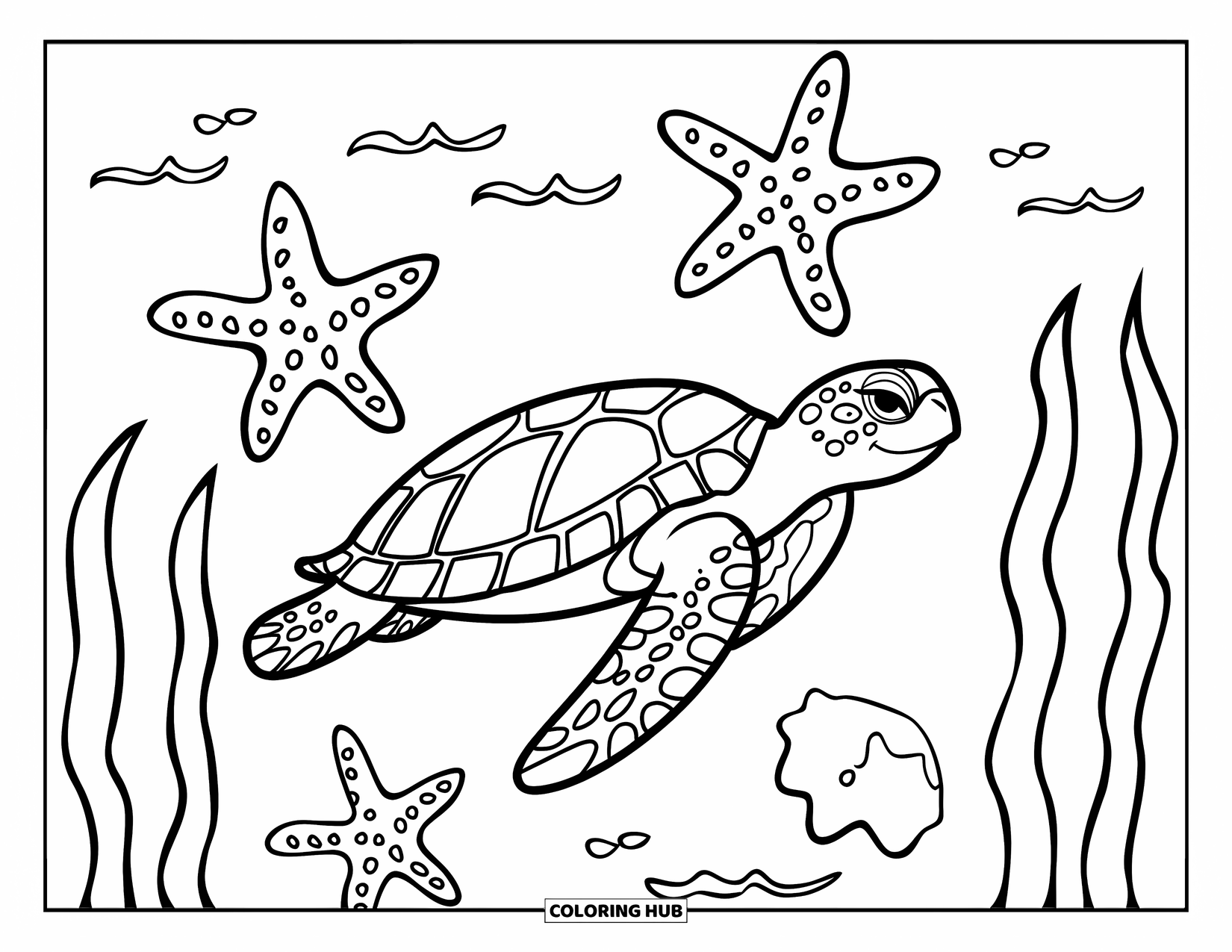 Pura Vida Coloring Page for Kids: Playful turtle smiling while swimming among starfish and seaweed