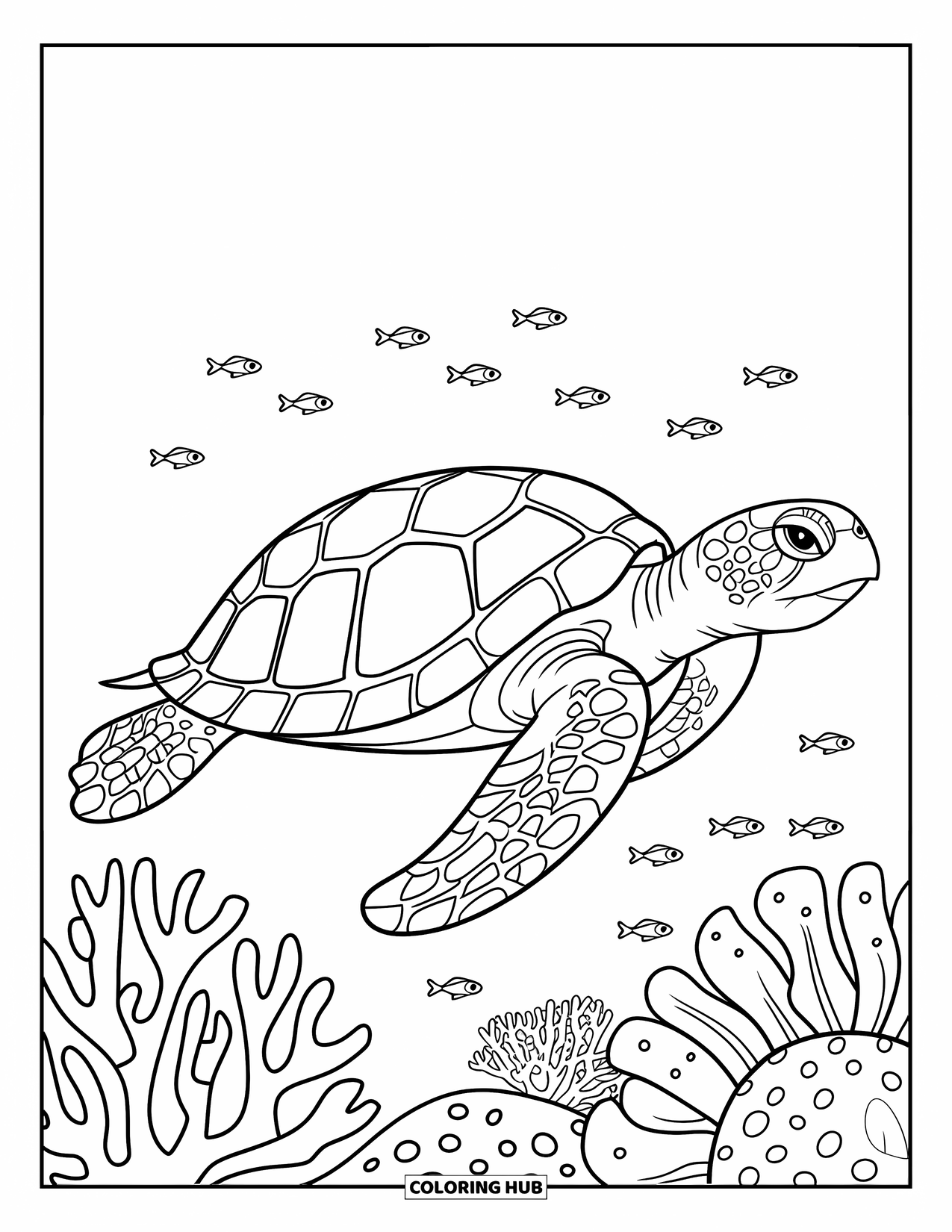 Pura Vida Coloring Page for Kids: Sea turtle gliding over coral reef with small fish nearby