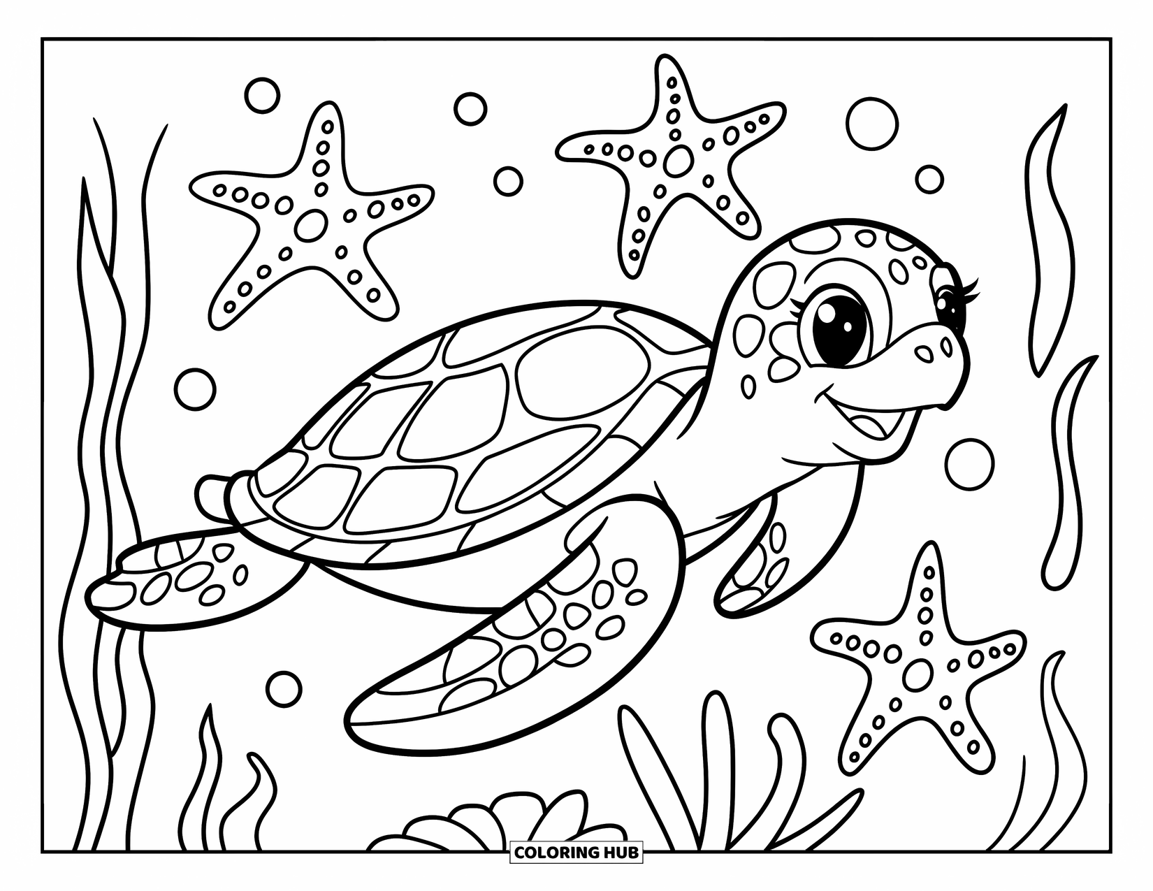 Pura Vida Coloring Page for Kids: Sea turtle swimming with giant starfish and swaying seaweed