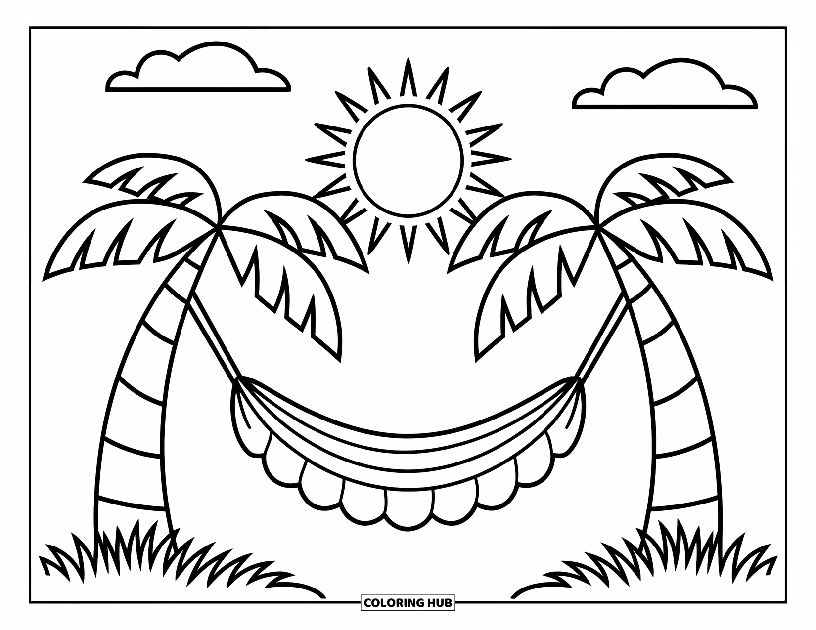 Pura Vida Coloring Page for Kids: Simple hammock strung between palm trees with the sun above