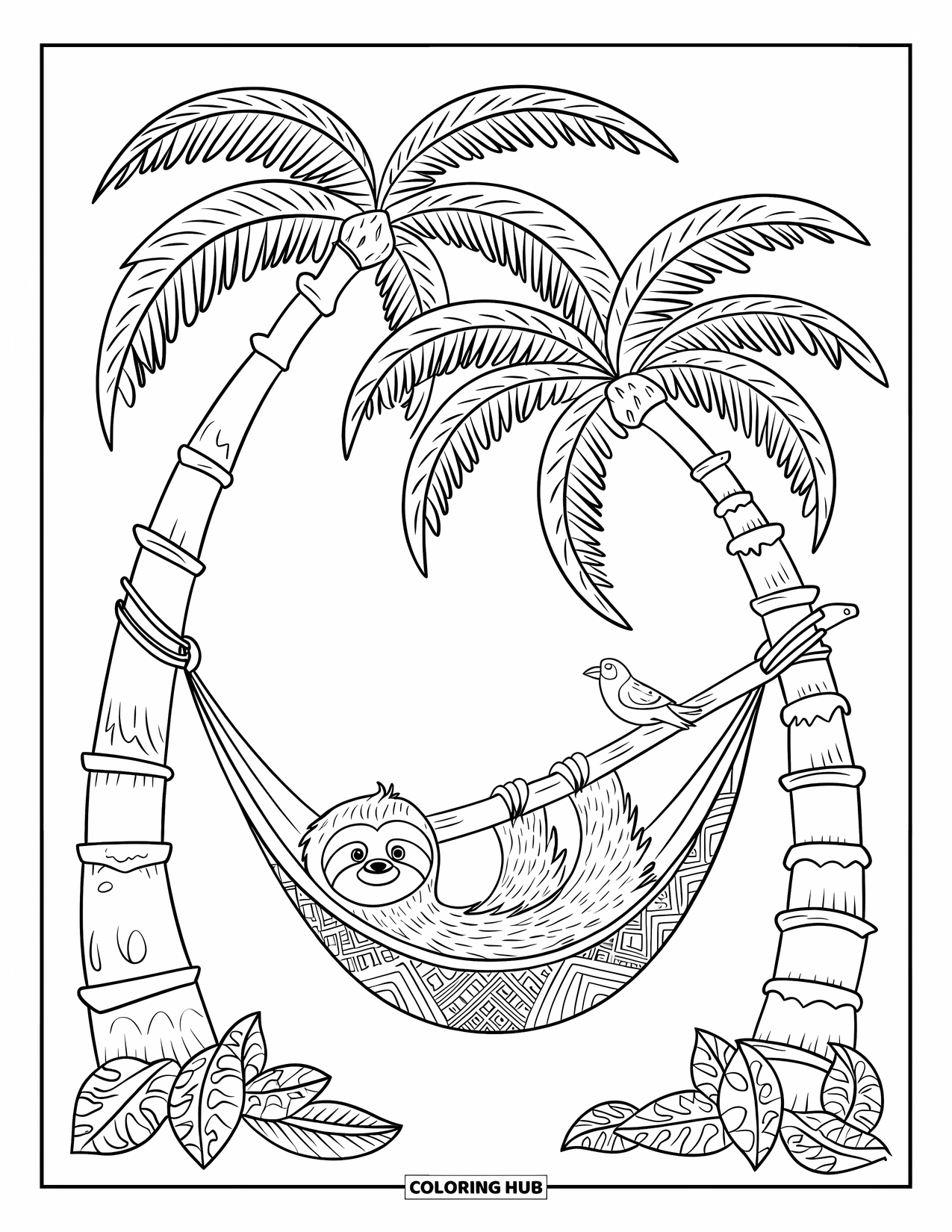 Pura Vida Coloring Page for Kids: Sloth hanging in hammock between palm trees with bird perched nearby