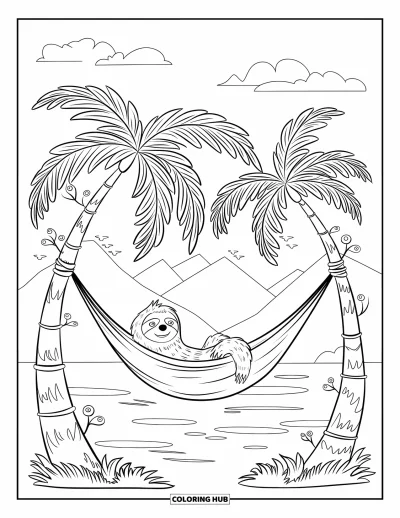 Desen de colorat Pura Vida pentru copii: Leneș odihnindu-se în hamac cu munți, apă și păsărele mici în fundal