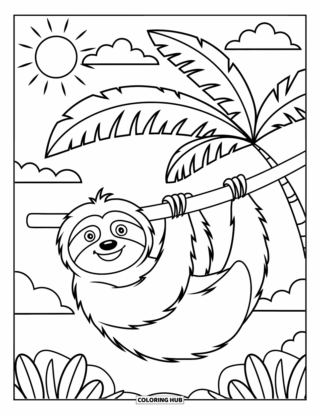 Pura Vida Coloring Page for Kids: Smiling sloth hanging from palm tree under a sunny sky