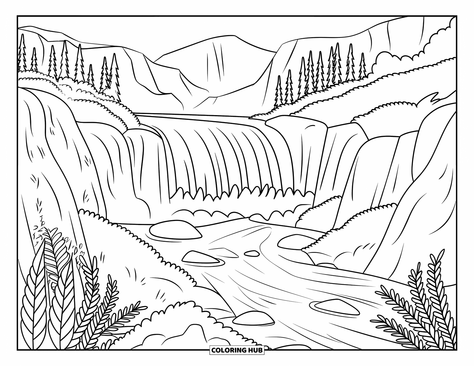 Pura Vida Coloring Page for Kids: Steep waterfall pouring into a canyon river with plants
