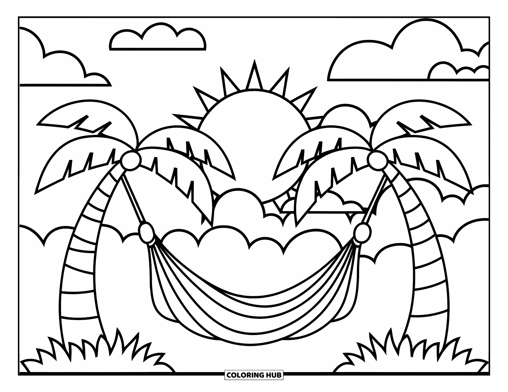 Pura Vida Coloring Page for Kids: Sunny hammock scene between two palm trees with fluffy clouds