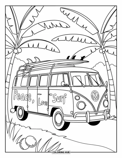 Desen de colorat Pura Vida pentru copii: Dubă de surf cu inscripția "Peace, Love, Surf" parcată lângă bananieri