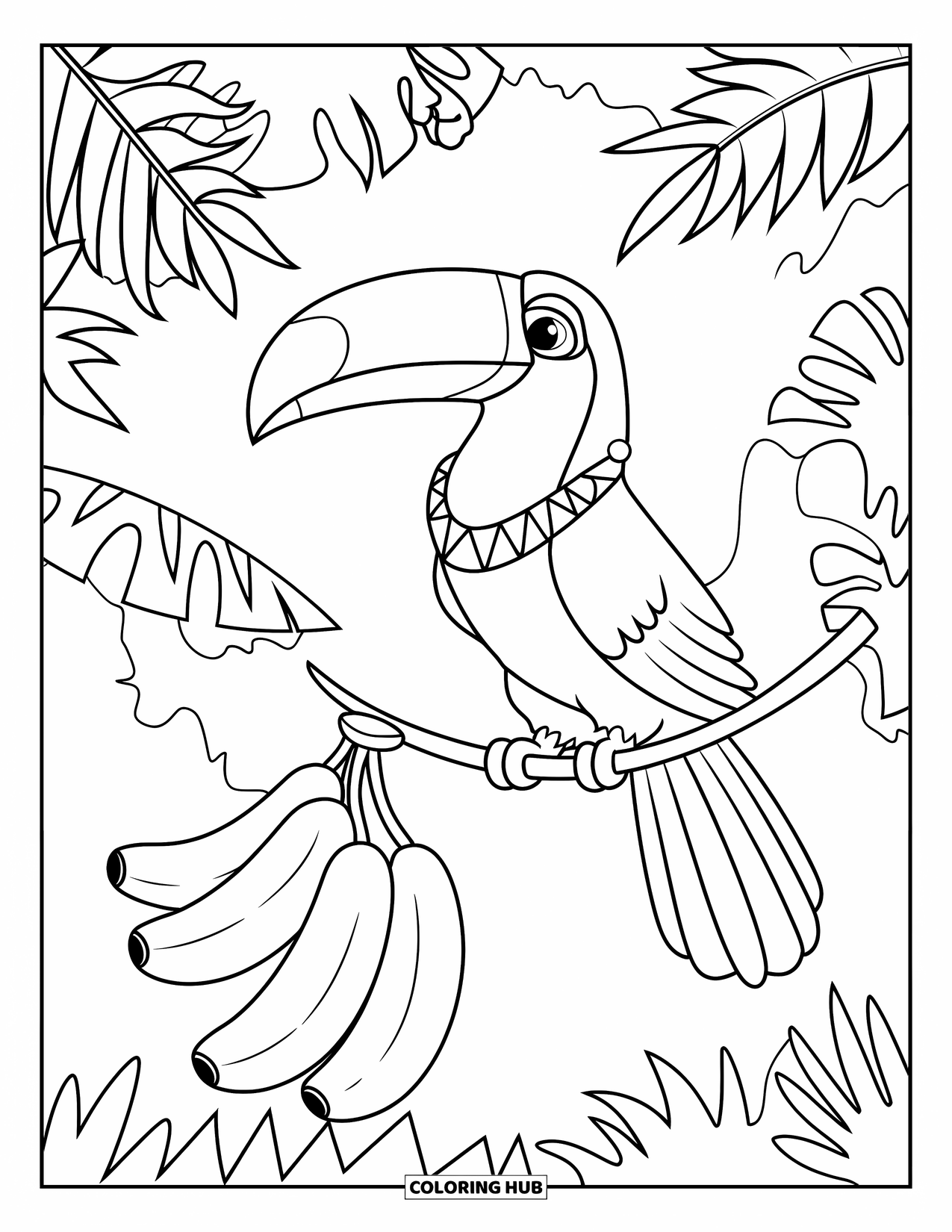 Pura Vida Coloring Page for Kids: Toucan wearing a necklace perched near oversized bananas