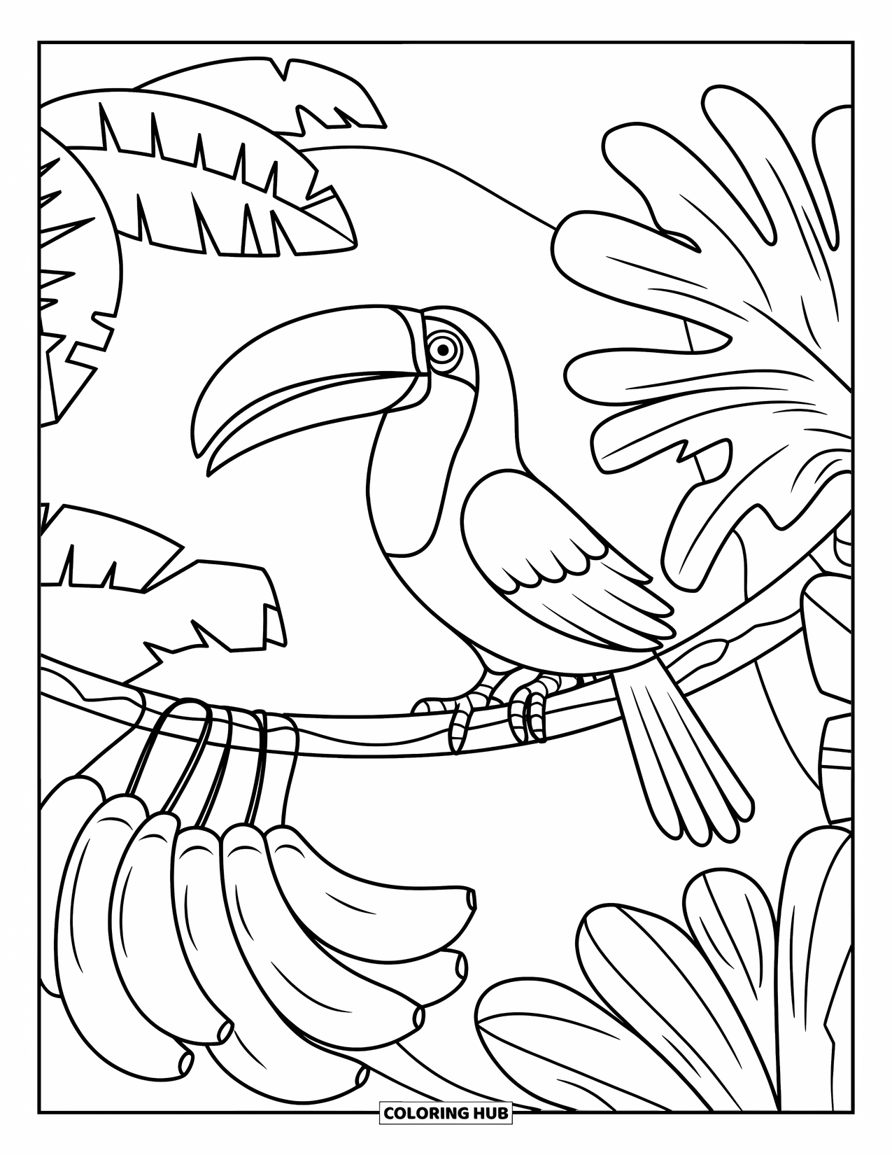 Pura Vida Coloring Page for Kids: Toucan with bright beak perched by bananas on a twisted branch