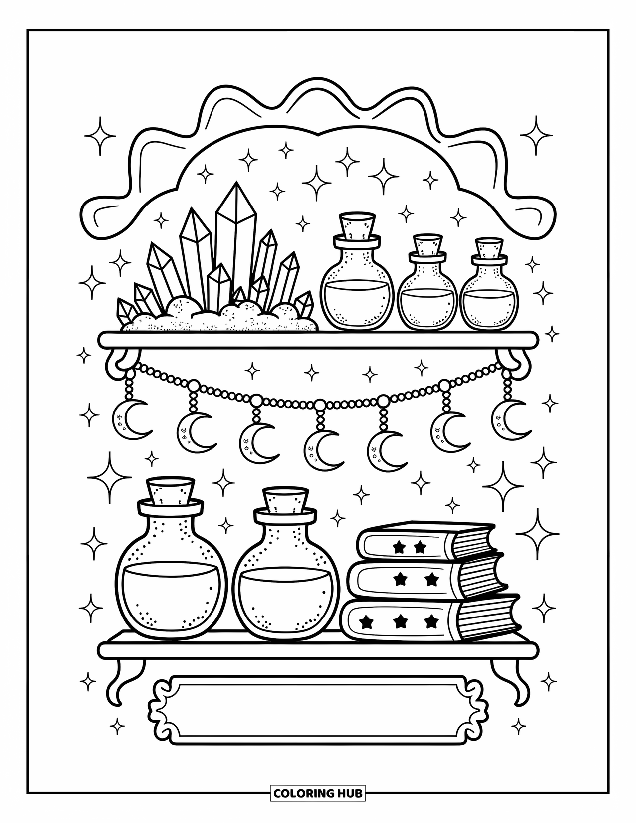 Purple Coloring Page for Adults: Apothecary shelf with crystals, bottles, and crescent-moon charms
