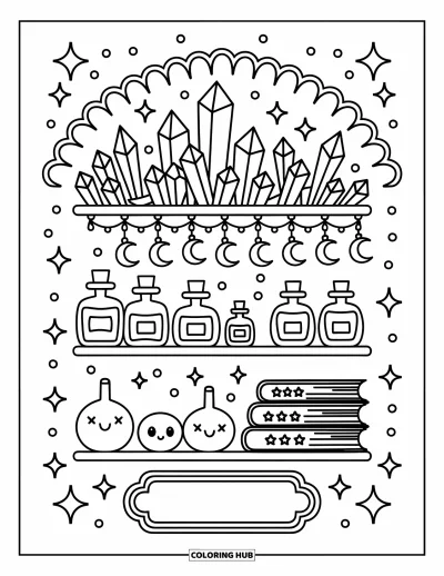 Coloriage de violet pour adultes : Étagère d'apothicaire avec des cristaux, des flacons, des breloques lunaires et des livres ornés d'étoiles