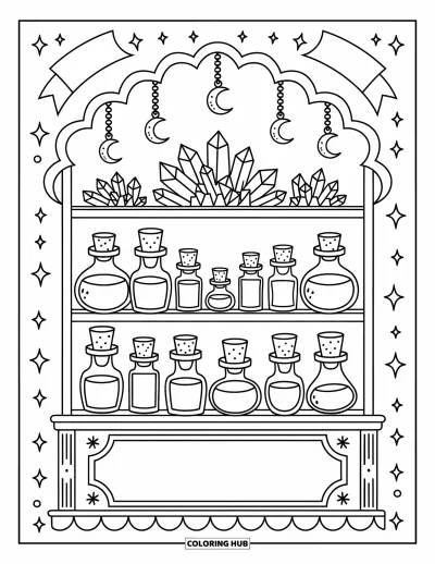 Coloriage de violet pour adultes : Étagère d'apothicaire avec des cristaux, des flacons de potion et une bordure de ruban festonné