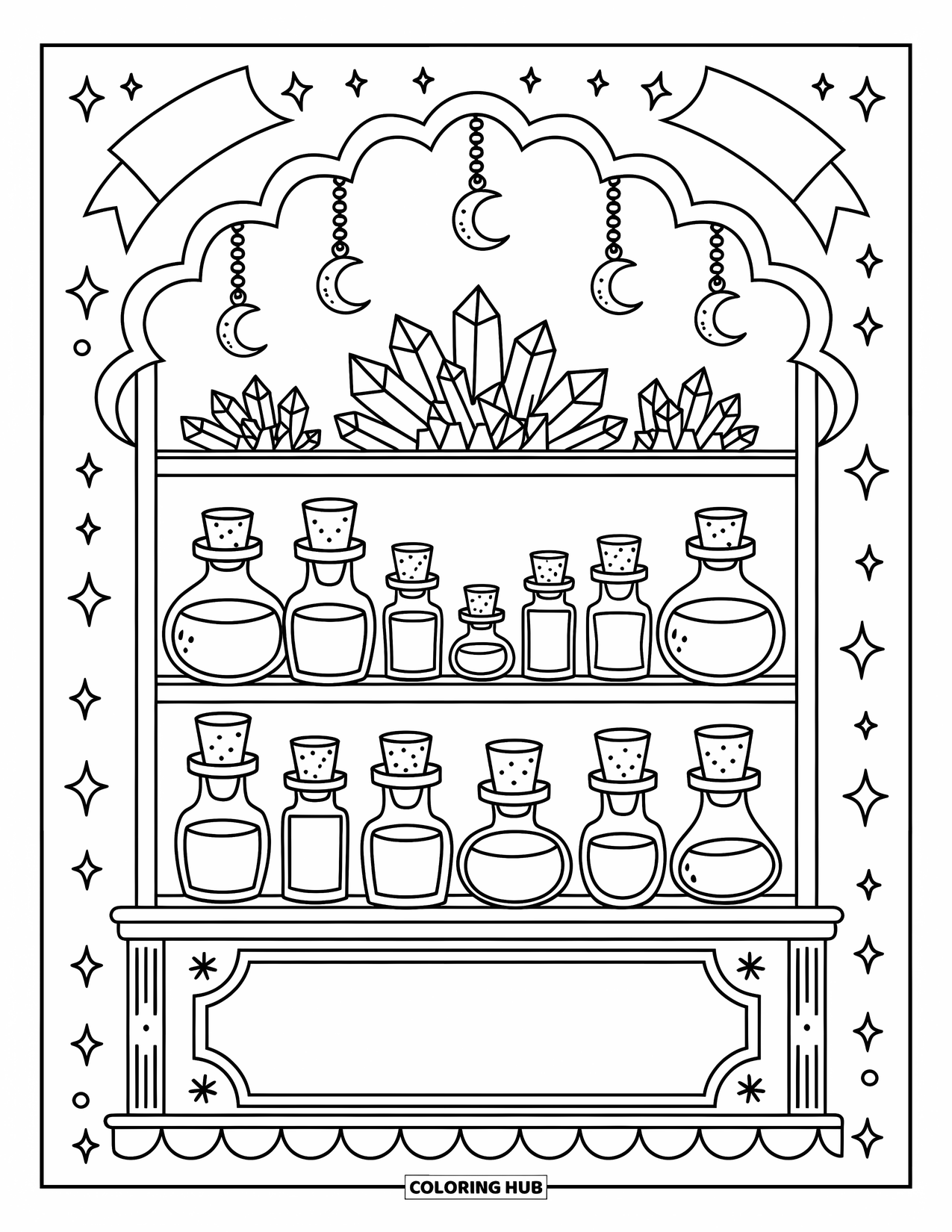 Purple Coloring Page for Adults: Apothecary shelf with crystals, potion bottles, and a scalloped ribbon border