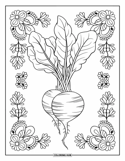 Coloriage de violet pour adultes : Bouquet de betteraves encadré par des motifs de mandala floral