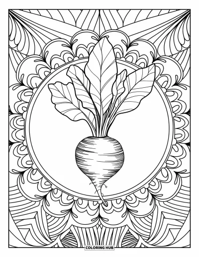 Coloriage de violet pour adultes : Bouquet de betteraves encadré par un mandala floral avec une bordure décorative