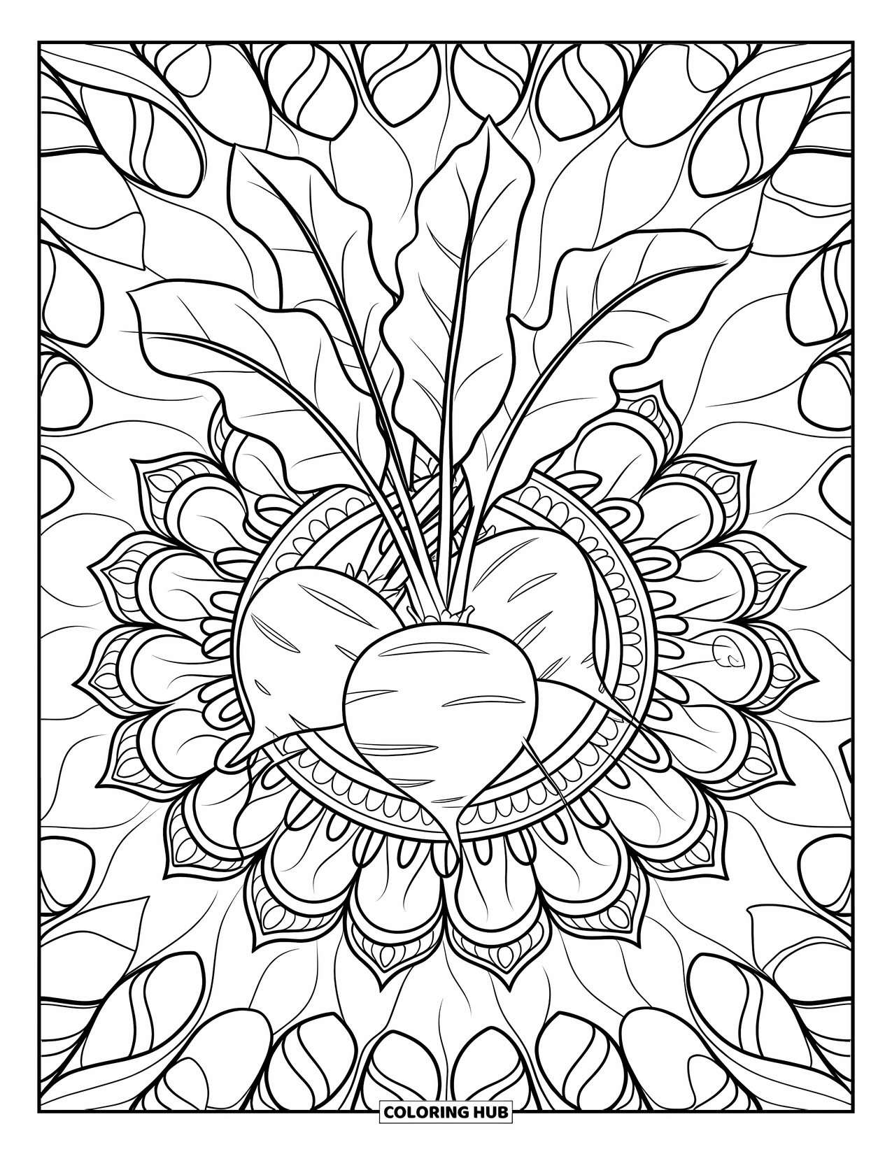 Purple Coloring Page for Adults: Beetroot cluster in floral mandala with leafy background