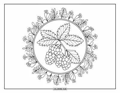 Coloriage de violet pour adultes : Branche de mûres dans un mandala floral avec des motifs végétaux détaillés