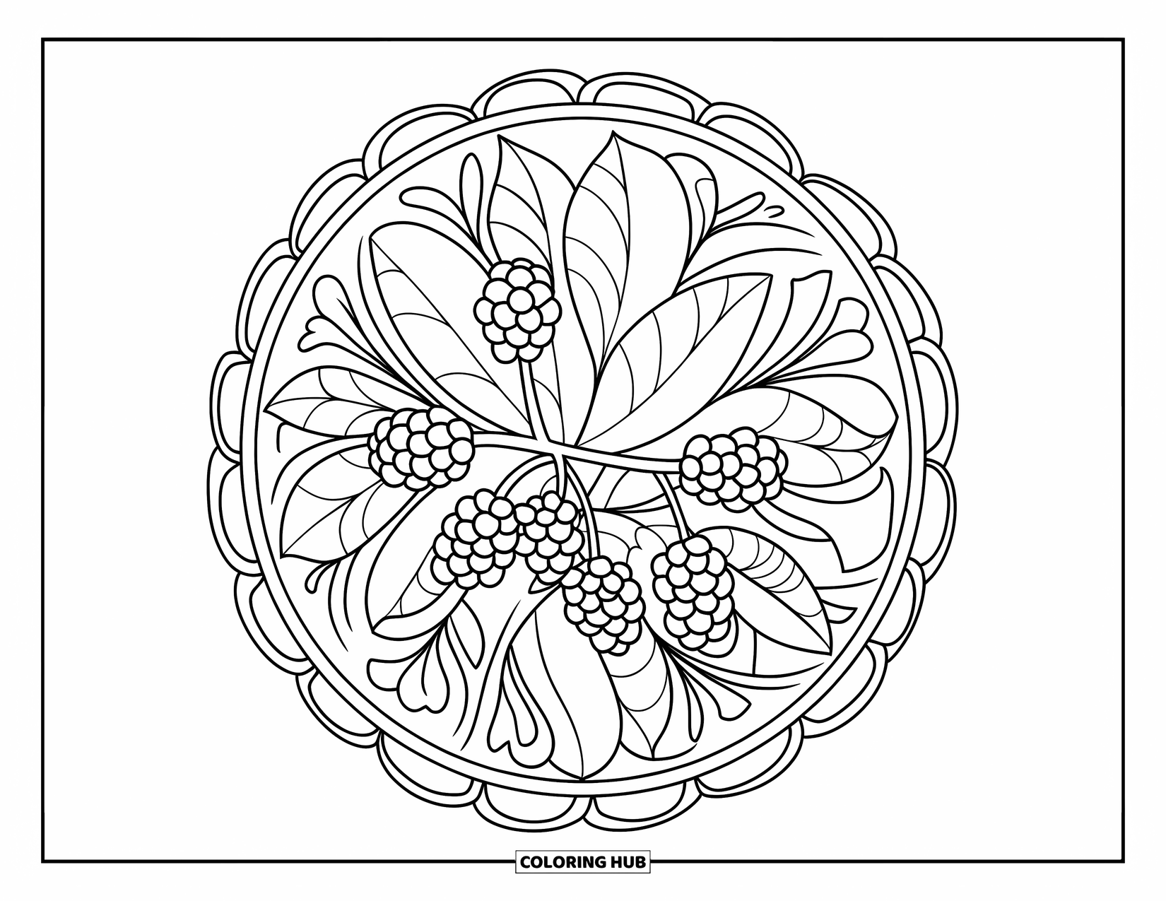 Purple Coloring Page for Adults: Blackberry branch in the center of a floral botanical mandala