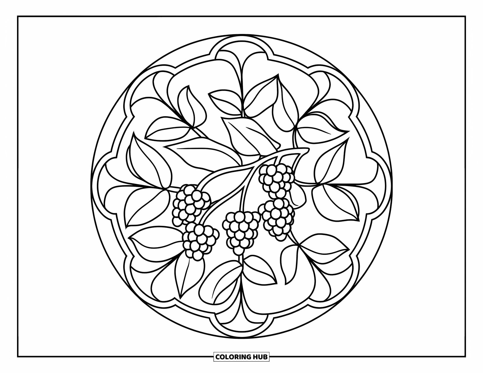 Purple Coloring Page for Adults: Botanical mandala with a blackberry branch in the center