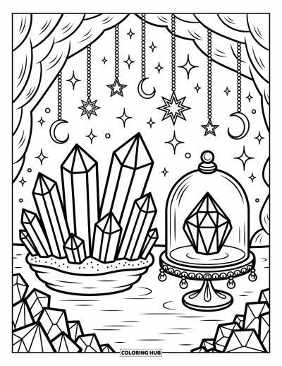Coloriage de violet pour adultes : Grotte de cristaux avec des amas de gemmes, une cloche en verre et des détails scintillants