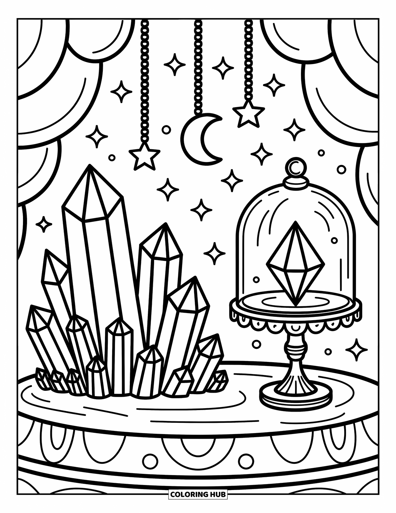 Purple Coloring Page for Adults: Crystal cave with gem clusters, glass dome, and scattered diamonds and stars