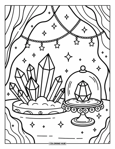 Coloriage de violet pour adultes : Grotte de cristaux avec des amas de pierres précieuses, une cloche en verre et des ornements suspendus