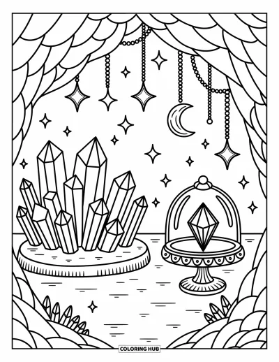 Coloriage de violet pour adultes : Grotte de cristaux avec des pierres précieuses, une cloche en verre et des étoiles et croissants suspendus