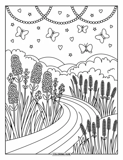 Coloriage de violet pour adultes : Allée de jardin bordée de lavande, de lilas et d'iris, avec des papillons au-dessus