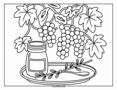 Coloriage de violet pour adultes : Raisin sur des vignes enroulées avec un bocal et une branche nouée d'un ruban dans un plateau