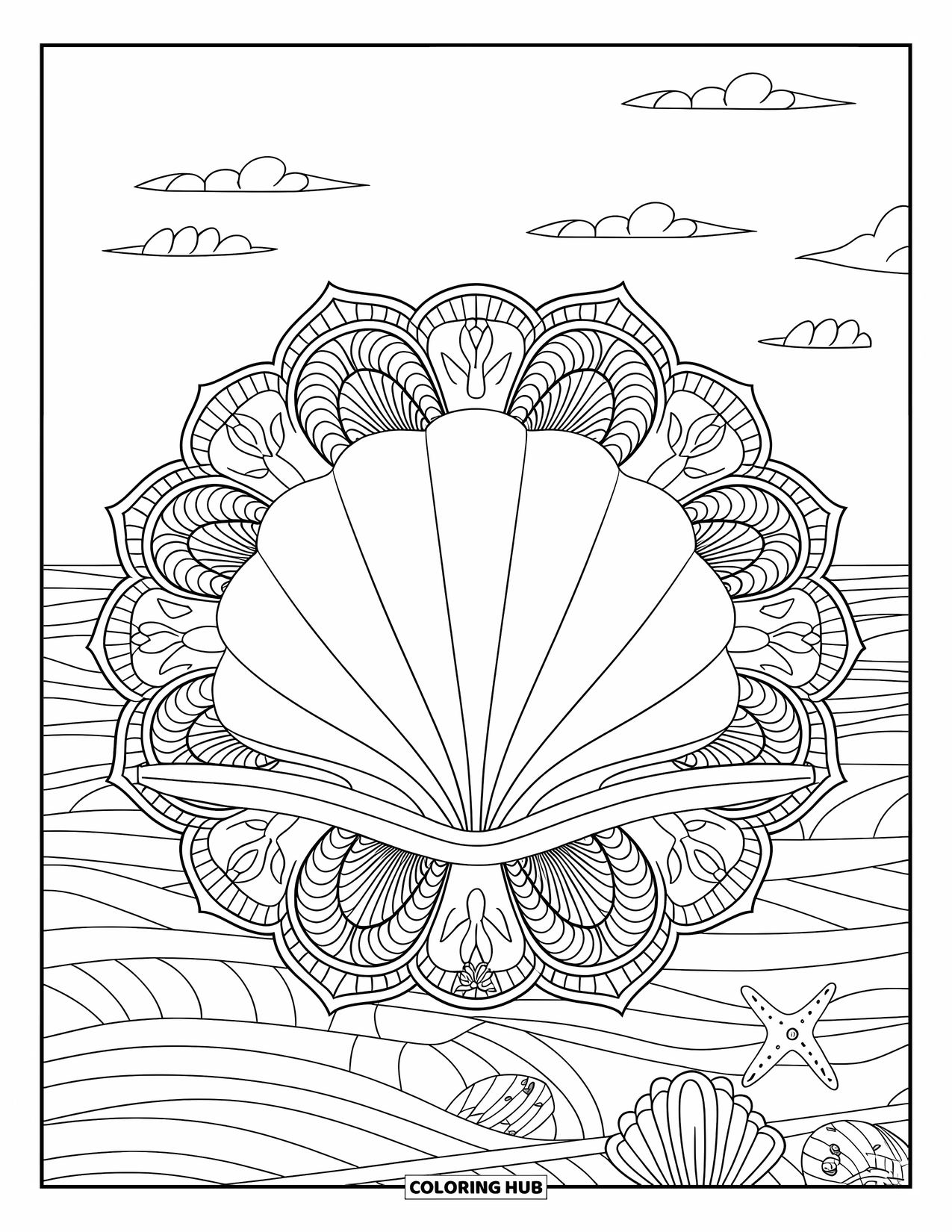 Purple Coloring Page for Adults: Large clam shell with marine mandala and ocean background