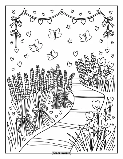 Coloriage de violet pour adultes : Lavande et lilas le long d'un chemin de jardin avec des papillons et une guirlande de rubans