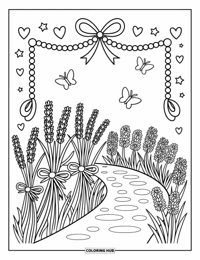 Coloriage de violet pour adultes : Lavande, lilas et iris le long d'un chemin avec une guirlande de rubans et de perles