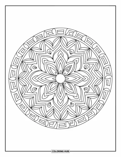 Coloriage de violet pour adultes : Mandala avec des cercles, des triangles et des motifs floraux dans une bordure géométrique