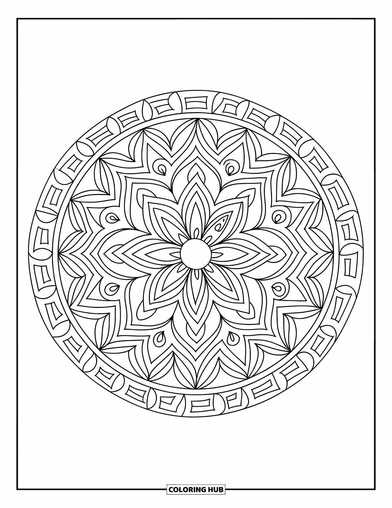 Purple Coloring Page for Adults: Mandala with circles, triangles, and floral designs in a geometric border