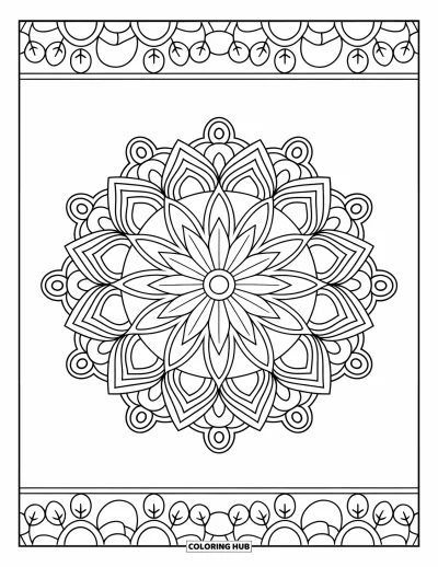 Coloriage de violet pour adultes : Mandala avec des cercles, des triangles et des carrés encadré d'une bordure de feuillage