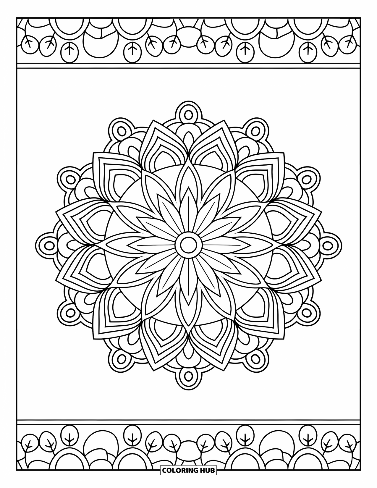 Purple Coloring Page for Adults: Mandala with circles, triangles, and squares framed by leafy border