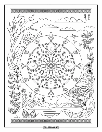 Coloriage de violet pour adultes : Mandala avec des fleurs, des feuilles, des oiseaux et un paysage pittoresque