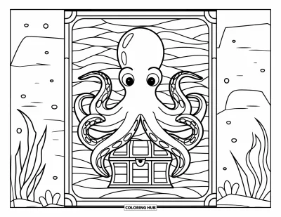 Coloriage de violet pour adultes : Pieuvre aux tentacules autour d'un coffre au trésor encadré par des vagues de vitrail