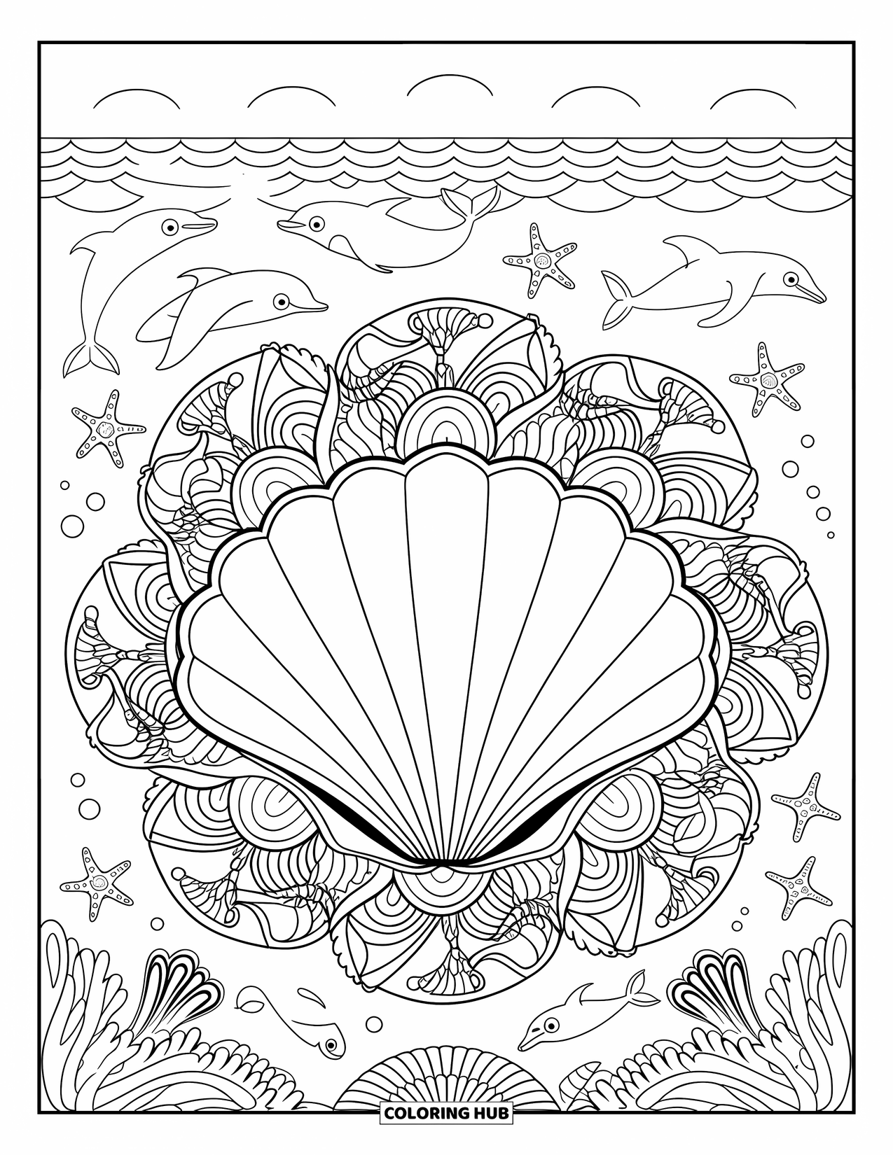 Purple Coloring Page for Adults: Open clam shell with dolphins, starfish, and seaweed mandala patterns